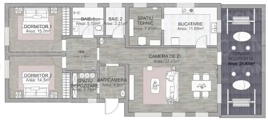 Plan parter mobilat – casa mare 134 mp cu 2 dormitoare, living, bucatarie, 2 bai, terasa